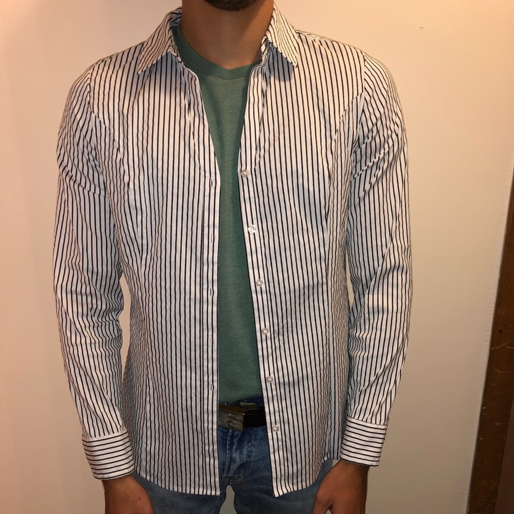 Express white and black striped button up
